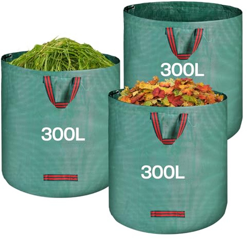 QOEOTUY Sacchi Giardinaggio 3X 300L - Sacchi per Rifiuti da Giardino Pieghevole con Maniglie - Sacchi per Raccogli Foglie da Giardino, Impermeabile, Polipropilene (PP), Riutilizzabile