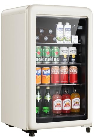 HAILANG+more Retro Beverage Refrigerator, 3.2 Cu.Ft Mini Fridge with Glass Door, Vintage Freestanding Drink Cooler for Office, Bar, Home, Adjustable Shelving, Adjustable Thermostat (White)