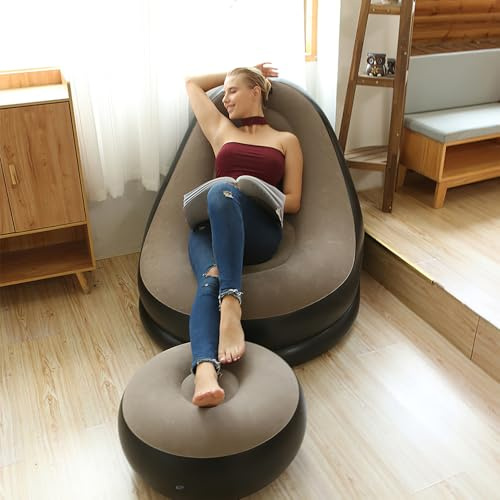 BEOSIOR 2PC Single Inflatable Sofa and Footrest, Blow Up Chairs for Adults and Children, Inflatable Lounger with Air Pump for Gaming, Reading, Camping