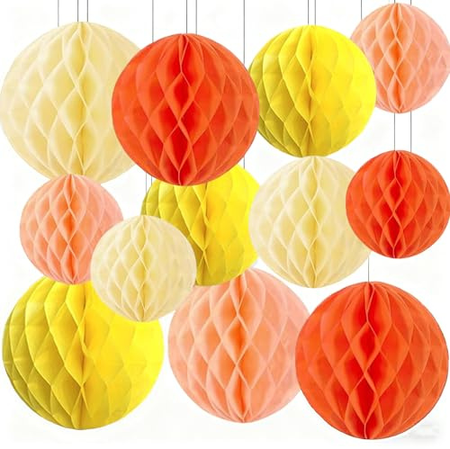 Capesaro 12pcs Boho Peach Orange Hanging Honeycomb Balls Decorations Hanging Tissue Paper Pom poms Flower for Hippie Retro Themed Baby Shower Birthday(6 8 10 Peach Orange Yellow Set)