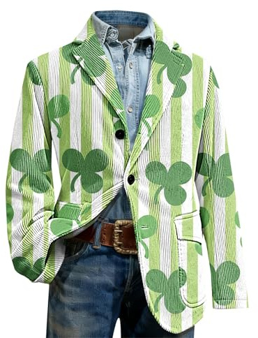 Blazer de pana para hombre con diseño de trébol irlandés, con botones, con muescas, solapa, esmoquin, de manga larga, A02-blanco, XL