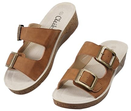 CLEIKS Scarpe Ortopediche per la Festa della Mamma Pantolette Donna con Fibbia Plateau Sandalette Estate Antiscivolo (Marrone, 39 EU, WCL260425-13)