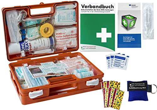 Sport-Sanitätskoffer PLUS 1 Erste-Hilfe Koffer nach aktueller DIN 13157 inkl. 13164 + Sport-Ausstattung mit Kälte-Behandlung + Sporttape Orange