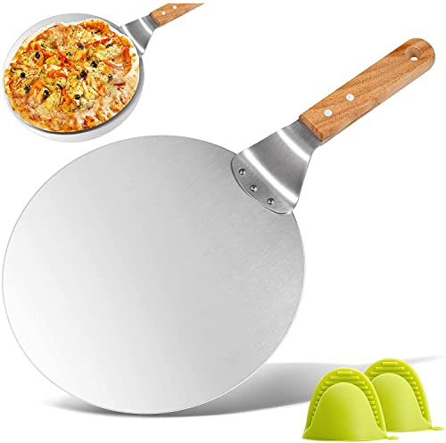 KSENDALO 10 Stainless Steel Pizza Peel with Wooden Handle - Pizza Lifter Spatula for Oven Baking, Homemade Pizza Dough, Cake & Pie | Non-Slip Serving Tray for Family Baking