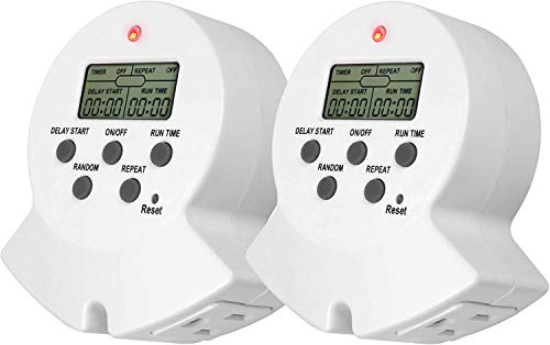 Clear Power Indoor Timer, 2 Grounded Outlet EZ Digital Timer for Clamp, Grow Light, Aquarium, White, Grounded Plug, 2-Pack,DCIT-00022P-DC