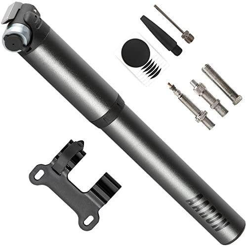 AARON Pocket One Mini Fahrradpumpe für alle Ventile - kompakte Luftpumpe passend für jeden Rahmen - Handpumpe für unterwegs mit gratis Pannenset - Rad Pumpe in schwarz/grau