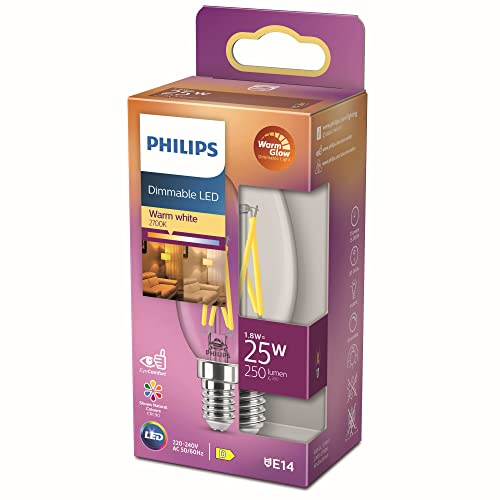 Philips LED Classic E14 Filament Lampe Warm Glow (25 W), dimmbare LED Lampe mit warmweißem Licht, energiesparende Lampe mit langer Nutzlebensdauer, Klar