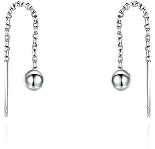 Pendientes de bola de plata de ley 925 minimalistas con enhebrador de tracción para mujer, cadena corta colgante, chapados en oro, enhebrador negro, 38mm, Plata de ley