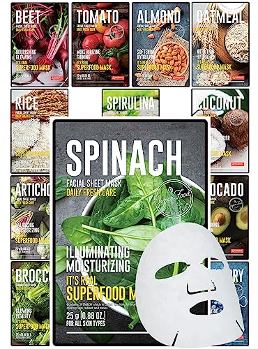 Superfood Gesichtsmasken Hautpflege -12er-Pack Gesichtstuchmaske für eine strahlende, erfrischende Haut-Feuchtigkeitsspendende Tuchmasken für das Gesicht
