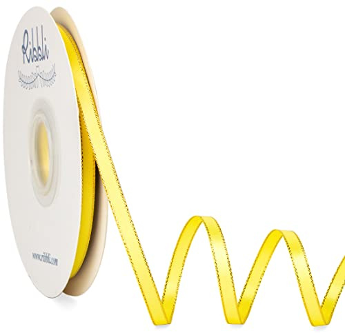 Ribbli Lemon Yellow Satin Ribbon with Gold Edge,Double Faced Satin 1/4 inch x Continuous 50 Yards, Yellow Ribbon Use for Crafts, Gift Wrapping, Wedding Card Decoration