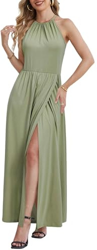 KILIG Maxi Dresses for Women UK Summer Dress Halter Neck Wedding Guest Elegant Long Dress Casual Beach Sundress (Bean Green,Small)