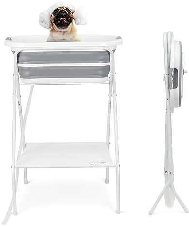 Beberoad Kleine Haustiere Badewanne, Multifunktionale zusammenklappbare Haustier Badewanne Mit Entwässerungsrohr, Tragbar Badewanne für kleine bis mittelgroße Hunde und Katzen max. bis 28KG(Grau)