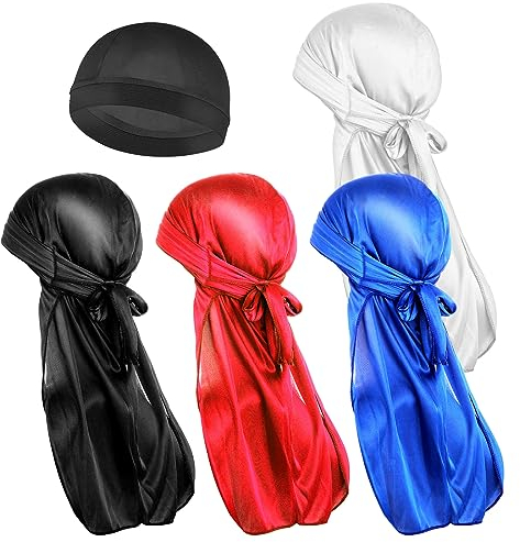 COMNICO 4 Gorros Ondulados de Seda y 1 Sombrero Redondo Durag, Premium Extra Largo, Sin Arrugas, Ultrasuave, Cómodo, Elástico, para Hombres y Mujeres, Negro, Plata, Azul, Rojo