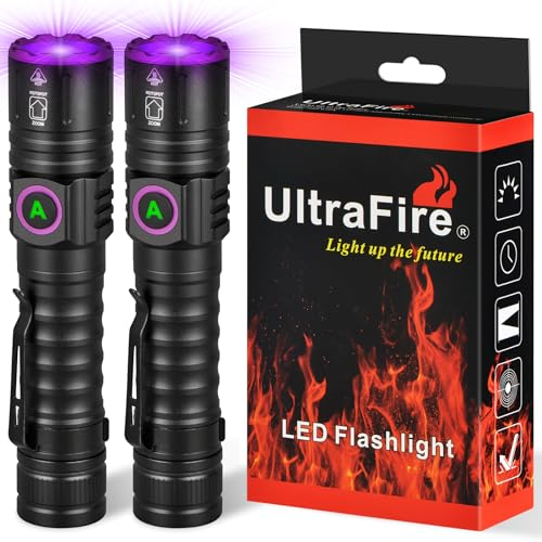 ULTRAFIRE UV-Taschenlampe, 395 nm, wiederaufladbar, über USB, leistungsstarkes UV-LED-Schwarzlicht mit Clip, ideal für Harz-Aushärtung/Skorpionerkennung/fluoreszierende Entdeckung/Erkennung von