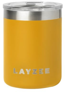 LAYZEE Thermobecher 330ml doppelwandige vakuumisolierter Edelstahl, Spülmaschinenfest + robust, stundenlang heisse oder kalte Getränke geniessen (hot mustard)