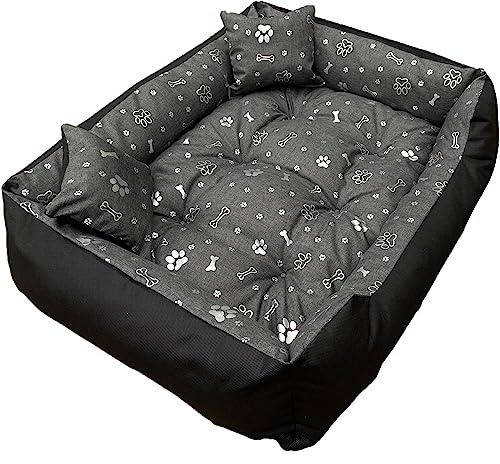 Dogs4Life New Hundebett XXL | Hundebett groß Hunde | Hundebett mittelgroße Hunde | Hundebett kleine Hunde | Hundekissen | Outdoor Hundebett | Wasserabweisend (XL, Aschgrau mit Silb. Pfoten)