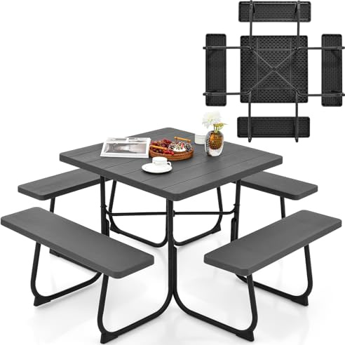 KOMFOTTEU Bierzeltgarnitur für 8 Personen, Quadratisches Picknicktisch Set mit Schirmloch & 4 Bänken, Gartenmöbel Set aus HDPE & Metall, Gartengarnitur Sitzgarnitur für Terrasse (Schwarz)