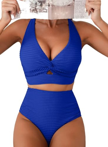 Herseas Push Up Bikini Sets for Women Twist Front Crisscross V Neck Top 2 Piece Swim Suits High Waisted 2026 Textured Royal Blue Slimming Bathing Suits Casual Beach Swimwear X-Large