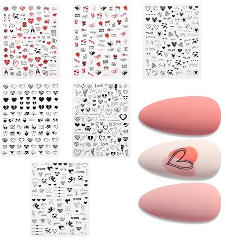 6 PCS Adesivi per Unghie Adesivi Nail Art a Forma di Cuore Nero e Rosso, San Valentino Decorazioni Unghie Stickers con Scritta Love e Motivi Cuore Autoadesivi per Nail Art e Accessori