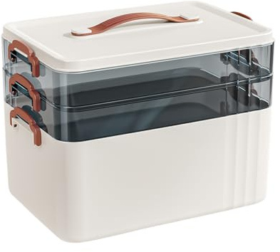 IGTOPS Contenitore per Farmaci, Scatola Multiuso Portatile con 3 Ripiani e Coperchio Trasparente, Borsa per Artigianato, Scatola di Organizzazione per Gioielli, Articoli per Cucito (Bianco)