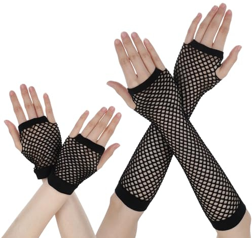Piriuuo 2 paia di guanti a rete da donna, in rete, colore nero, vintage, da donna, lunghi e corti, senza dita, per anni '80, travestimento per feste, cosplay, matrimonio, Nero , 23-26 cm, 23-26 cm
