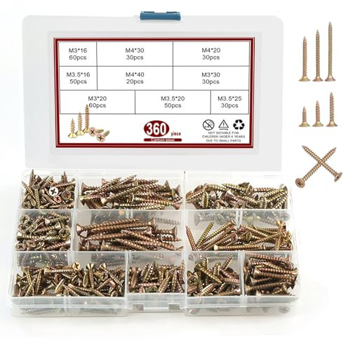 360Pcs Self Tapping Screws for Metal & Wood, M3, M3.5, M4 Self Drilling Screws Assortment Kit, Zinc Metal Multi Use High Performance for DIY, Furniture, Wood Working & Repairs with Storage Box