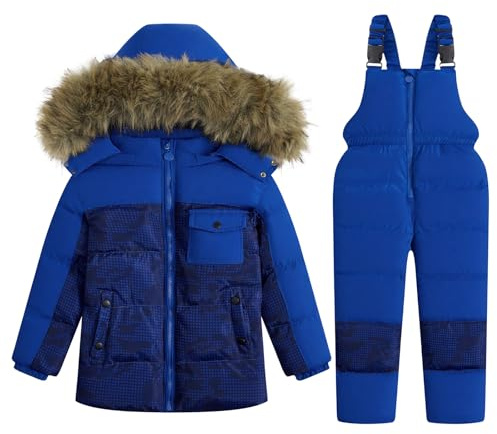 JiAmy Kids 2 Piece Snowsuit Set Girl Winter Hooded Puffer Jacket & Snow Bib Pants Boy Ski Suits Ultralight Outfit 1-7 Years Navy Blue