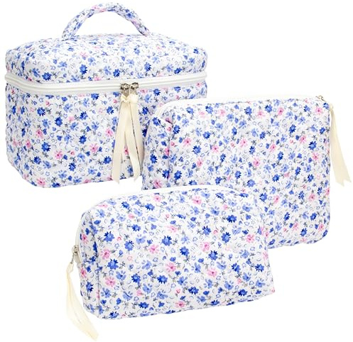 3 Piece Quilted Makeup Bag Set for Women,Cosmetic&Toiletry Bag,Floral Blue