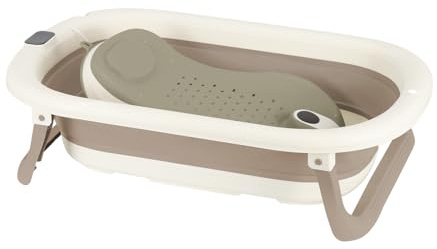 Vikbart babybadkar – med dräneringslock och temperaturdisplay och sittdyna – ultrakompakt – halkfria fötter – B-43 x 71 x 18,5 cm (kaki)