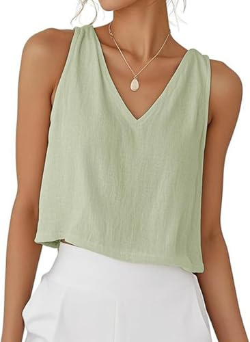 PADOLA Débardeur Femme Lin Chic et Élégant Col V Debardeur Court Été Uni Top sans Manche Coton Basique Tee Shirt Grande Taille Lâche Haut Fluide Débardeurs Ample Caraco