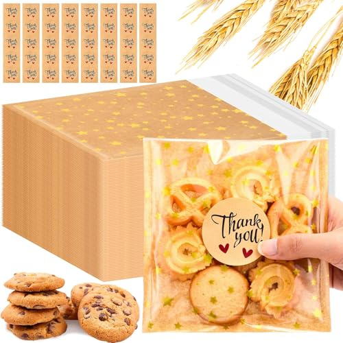 Fuyoooo 100 Pcs Self Adhesive Cookie Bags Cellophane Star Pattern Treat Bags Small Plastic with Thank You Stickers for Party Gift Giving Bakery Biscuit Candy Pastry (5.6 x 5.6 Inch)