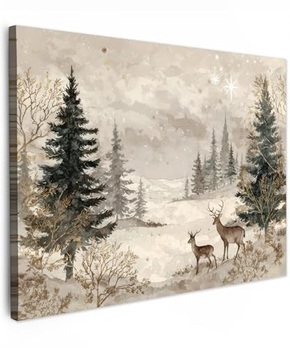 MuchoWow© Impressions sur Toile 80x60 cm Deco Tableau Murale Cadeau Noel Decoration Salon Peinture Tableaux Chambre Toiles Maison Forêt - Cerf - Hiver - Neige