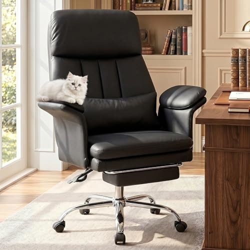 Hellove Chaise de Bureau Ergonomique avec Soutien Lombaire – Fauteuil Pivotante en Cuir PU, Dossier Haut Inclinable 135° avec Repose‑Pieds Rétractable, Structure 200kg pour Home Office, Noir