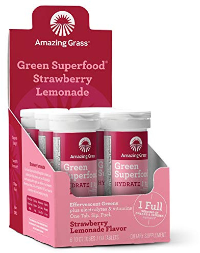 Amazing Grass Electrolyte Tablets, Fizzy Greens Water Flavoring Tablet with Vitamins, Hydrate Strawberry Lemonade, 10 Count (Pack of 6) (Packaging May Vary)