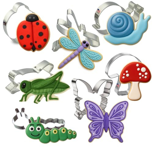 Foose Cookie Cutter 7 Piece Insect 3.5 in Dragonfly, 4.25 in Caterpillar, 3 in Ladybug, 4.5 in Butterfly, 3.5 in Grasshopper, 4.25 in Snail, 3.25 in Mushroom - USA Made