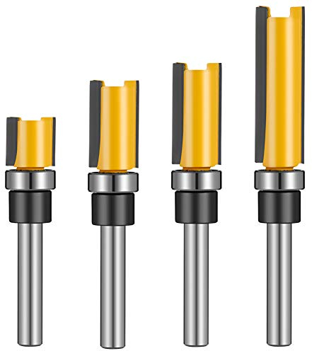 Heyu-Lotus 4 Pcs 1/4 Inch Shank Flush Trim Pattern Router Bit Set, Professional Wood Top Woodworking Milling Cutter Tool with Bearing Template Router Cutter