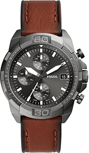 Fossil Bronson Uhr für Herren, Chronographenwerk mit Leder- oder Edelstahlarmband, Braun und Grau, 44MM