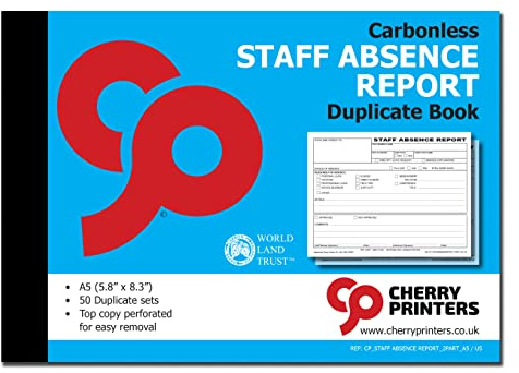 Cherry Staff Absence Report | Carbonless | Duplicate - 2pt | A5-5.8 inches x 8.3 inches | 50 Sets per Book