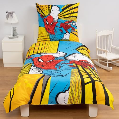 Disney Home Spiderman - Set di biancheria da letto double-face, 140 x 200 cm, federa 65 x 65 cm, super morbida, 100% cotone, 2 pezzi, motivo Spiderman, morbida e piacevole sulla pelle