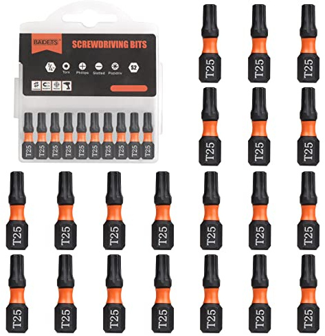 BAIDETS Pro T25 Bit-Sortiment - Schraubendreher Bits Set 20 Stück, 25mm Länge, Schrauber-Bit, 1/4 Sechskantschaft, mit Spender-Box