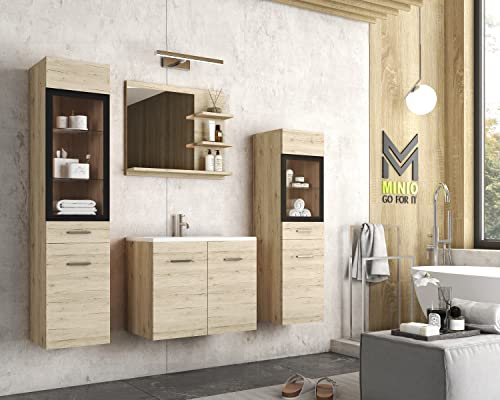 MINIO go for it - Marit 1 - Ensemble de Meubles De Salle de Bain 4 Pièces I Meuble Salle de Bain avec lavabo Inclus I Meuble Salle de Bain avec Vasque 60 cm I Suspendus I sans LED I Chêne San Remo