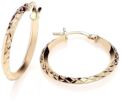 9ct Yellow Gold on Silver Diamond Cut Creole Hoop Earrings - 25mm Diameter