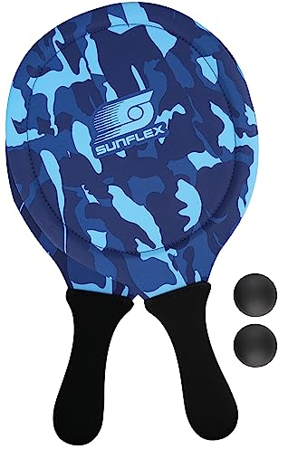 Sunflex® Jerseyprene Beachball Set Camo Blue mit Zwei Schlägern und Zwei Bällen|weich und leicht|extrem robust und wasserfest | Schlägerspiel für Strand und Wiese
