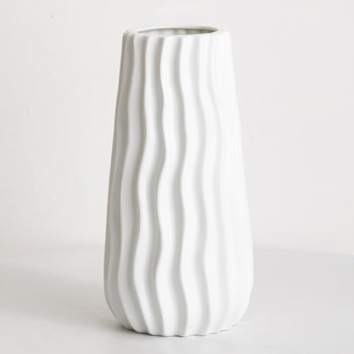 White Ceramic Ribbed Vase for Home Decor - Modern Decorative Chic for Wedding Dinner Table Office Bedroom - 10 inch / 25 cm