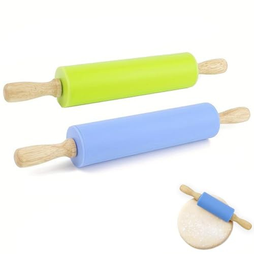 trabag 2 rodillos de silicona para niños y adultos, rodillo de silicona con asas de madera, superficie antiadherente, rodillo de masa pequeño para tartas, pizza, fondant y galletas