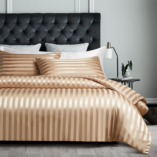 YASMENG Funda de Edredón de Satén 220x240 Beige Oro Rayado Brillante Deluxe Juego de Cama de Satén Suave de Seda de Soja Ropa de Cama para 2 Personas Adultas con Cremallera con Fundas de Almohada