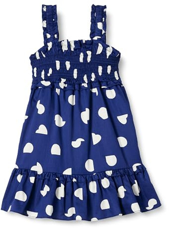 Amazon Essentials Robe Débardeur Smockée 100 % Coton Fille, Bleu Marine Abstrait Points, 2 ans