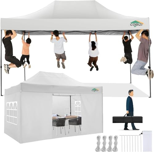 COBIZI Paviljong 3 x 4,5 hopfällbar paviljong vattentät stabil vintersäker med 4 sidoväggar, festtält spetstaket, trädgårdspaviljong, utomhus, vikbar UV-skydd, vit