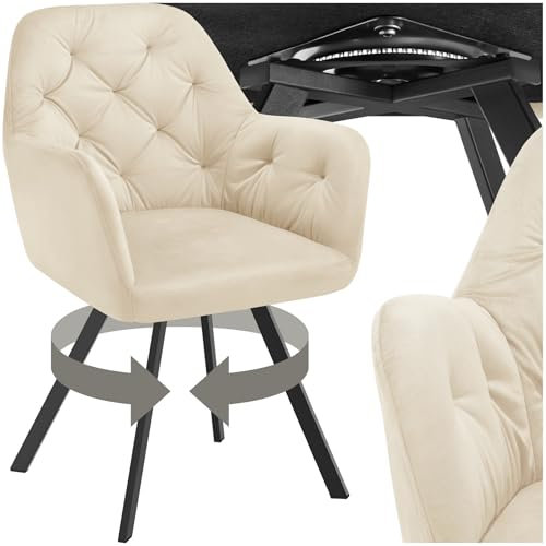 tectake® Esszimmerstuhl drehbar mit Armlehne, Samtstoff Drehstuhl ergonomisch, Möbel für Wohnzimmer, Stühle für Dining Lounge, Office, als Schminkstuhl oder Schreibtischstuhl - Creme