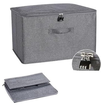 HIKENRI Lockable Storage Box,Collapsible Storage Boxes With Lids Fabric,Combination Lock Box,Stackable Cubes Lock Boxs For Wardrobe,T-Shirts,Clothes,Scarves,Small Toy(Grey/30 * 20 * 14cm)